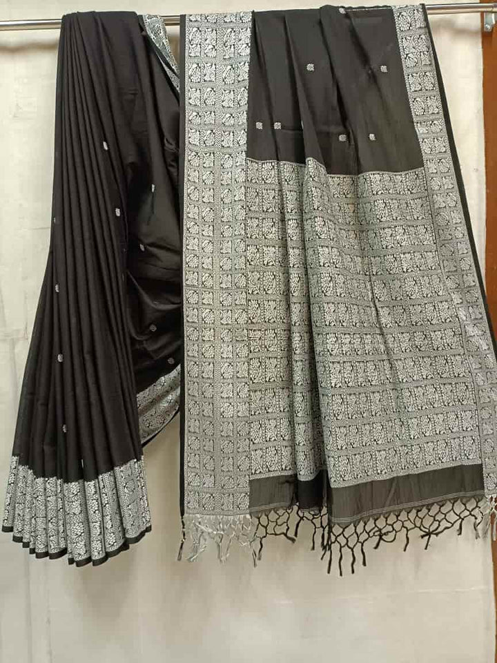 Handloom Cotton Saree by Balaram Saha – Black & White with Woven Border