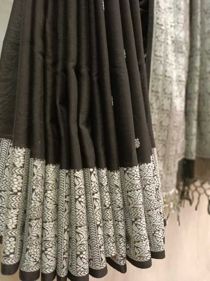 Handloom Cotton Saree by Balaram Saha – Black & White with Woven Border