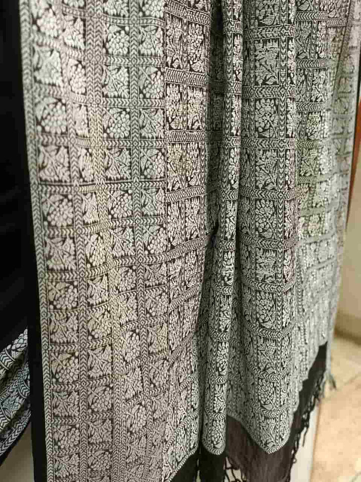 Handloom Cotton Saree by Balaram Saha – Black & White with Woven Border