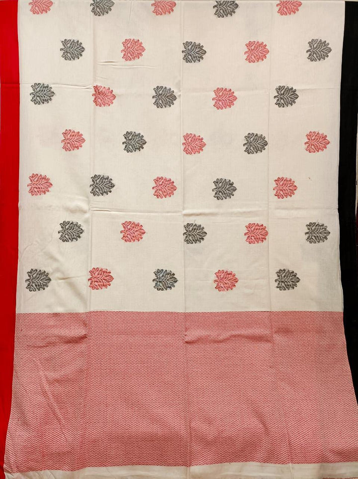 Balaram Saha Cotton Handloom Saree – Off White with Red/Black