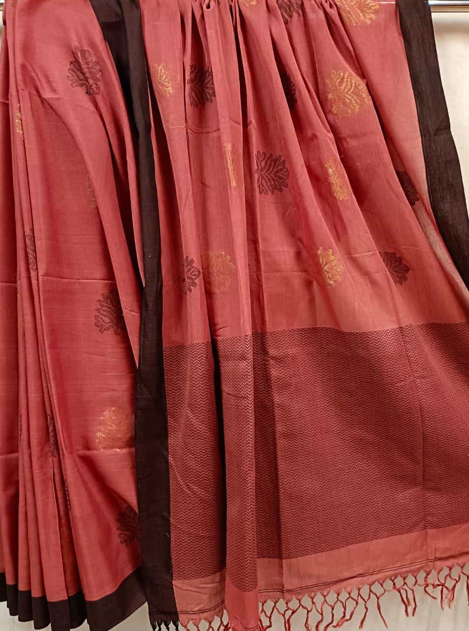 Balaram Saha Terracotta & Black Cotton Handloom Saree With Border