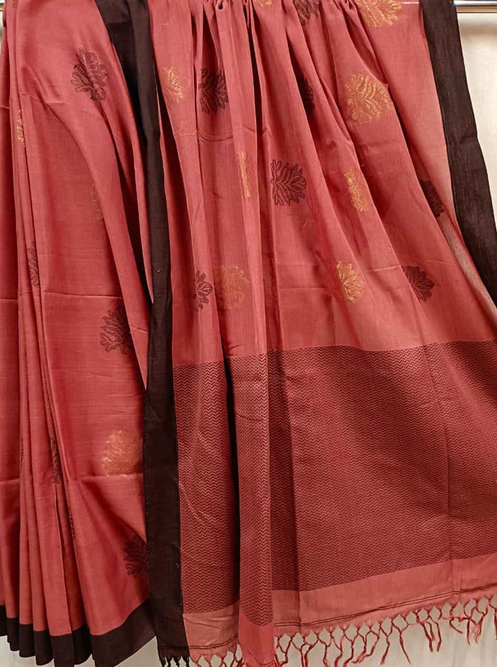 Balaram Saha Terracotta & Black Cotton Handloom Saree With Border