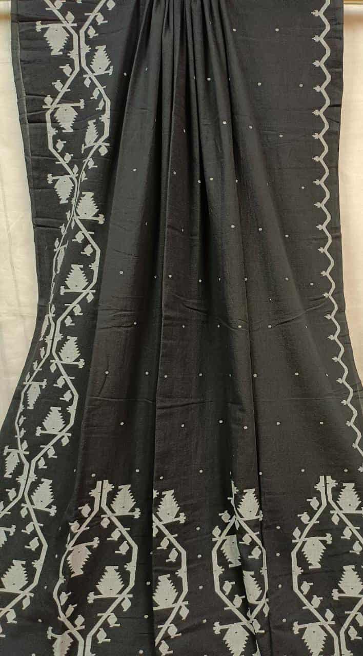 Muslin Cotton Traditional Jamdani Saree by Balaram Saha – Handwoven Elegance