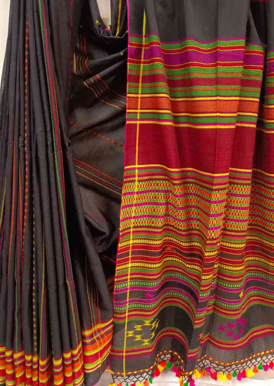 Cotton Handwoven Saree by Balaram Saha – Black & Multicolour Tribal