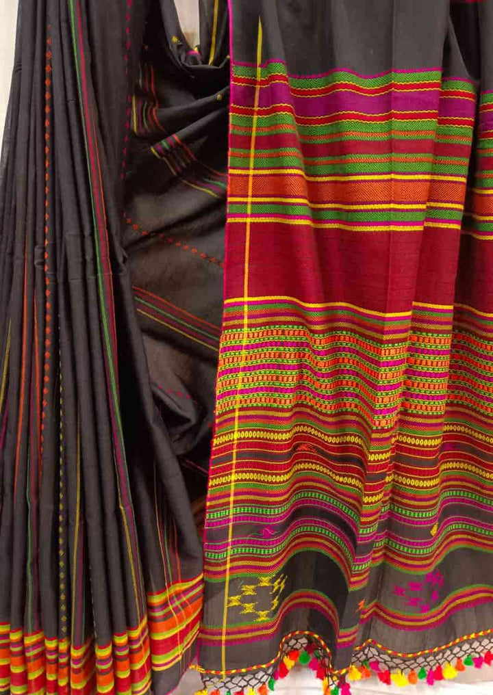 Cotton Handwoven Saree by Balaram Saha – Black & Multicolour Tribal