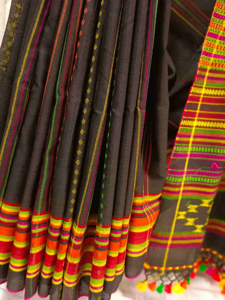 Cotton Handwoven Saree by Balaram Saha – Black & Multicolour Tribal