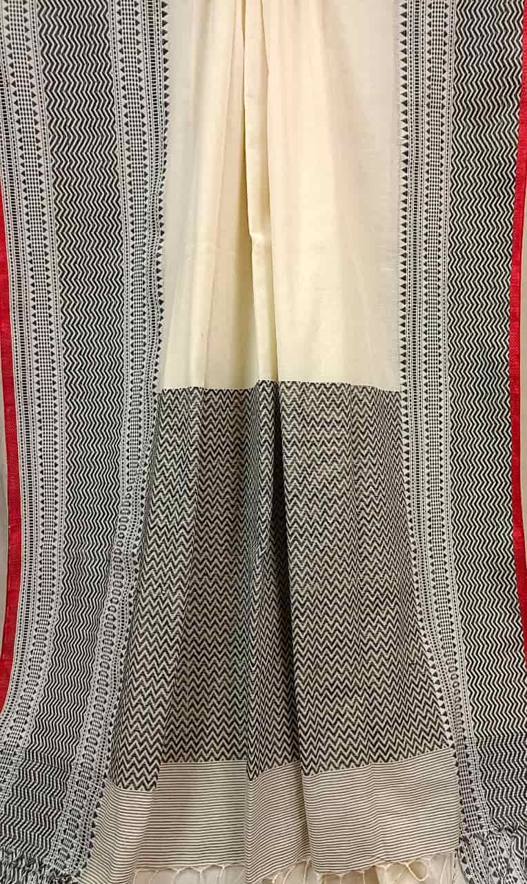 Balaram Saha Khadi Cotton Handwoven Saree in Off White & Black/Red