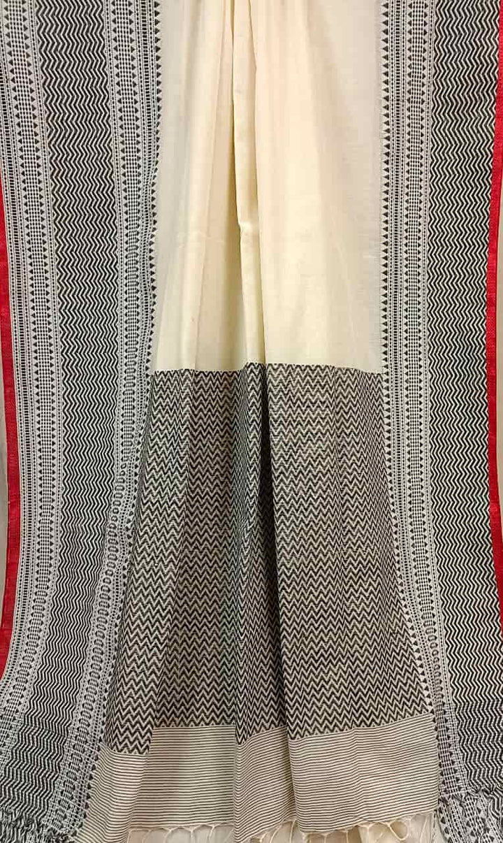 Balaram Saha Khadi Cotton Handwoven Saree in Off White & Black/Red