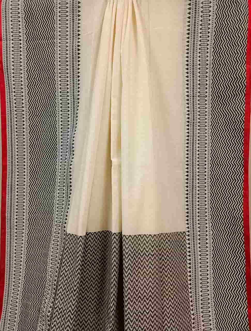 Balaram Saha Khadi Cotton Handwoven Saree in Off White & Black/Red