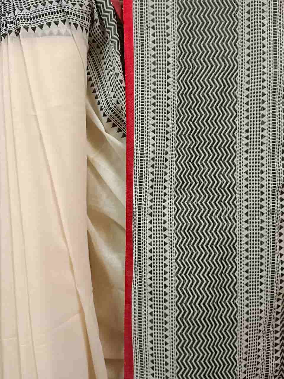 Balaram Saha Khadi Cotton Handwoven Saree in Off White & Black/Red
