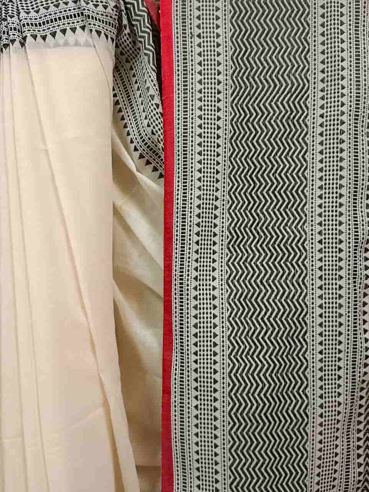 Balaram Saha Khadi Cotton Handwoven Saree in Off White & Black/Red