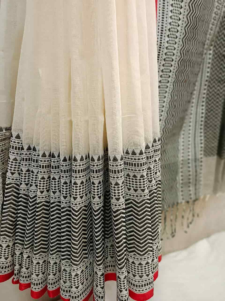 Balaram Saha Khadi Cotton Handwoven Saree in Off White & Black/Red