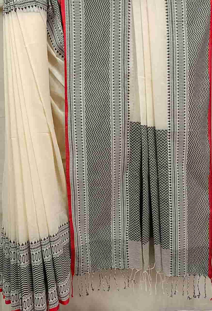 Balaram Saha Khadi Cotton Handwoven Saree in Off White & Black/Red