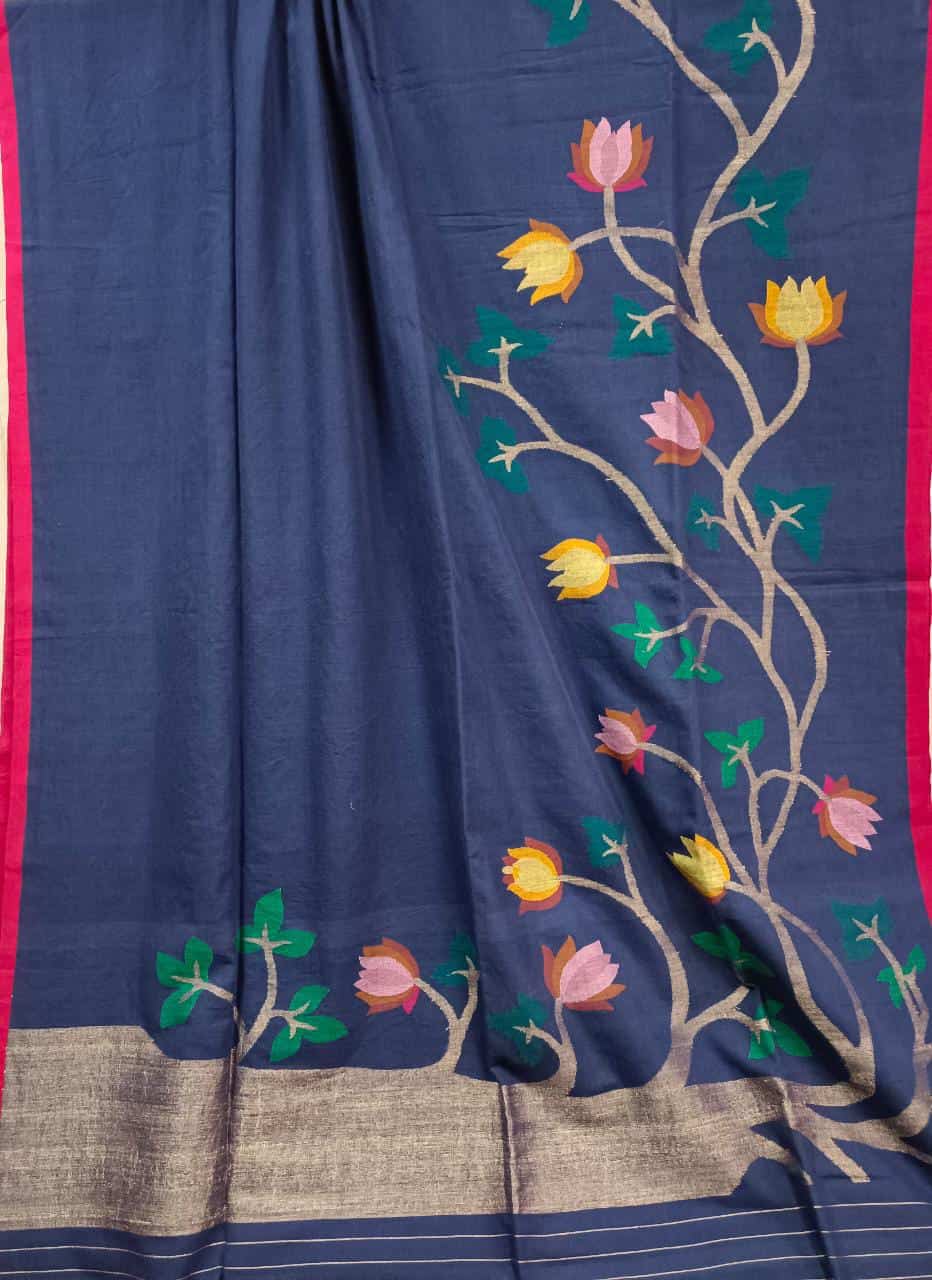 Navy Blue & Red Soft Cotton Handspun Handwoven Jamdani Saree Balaram Saha