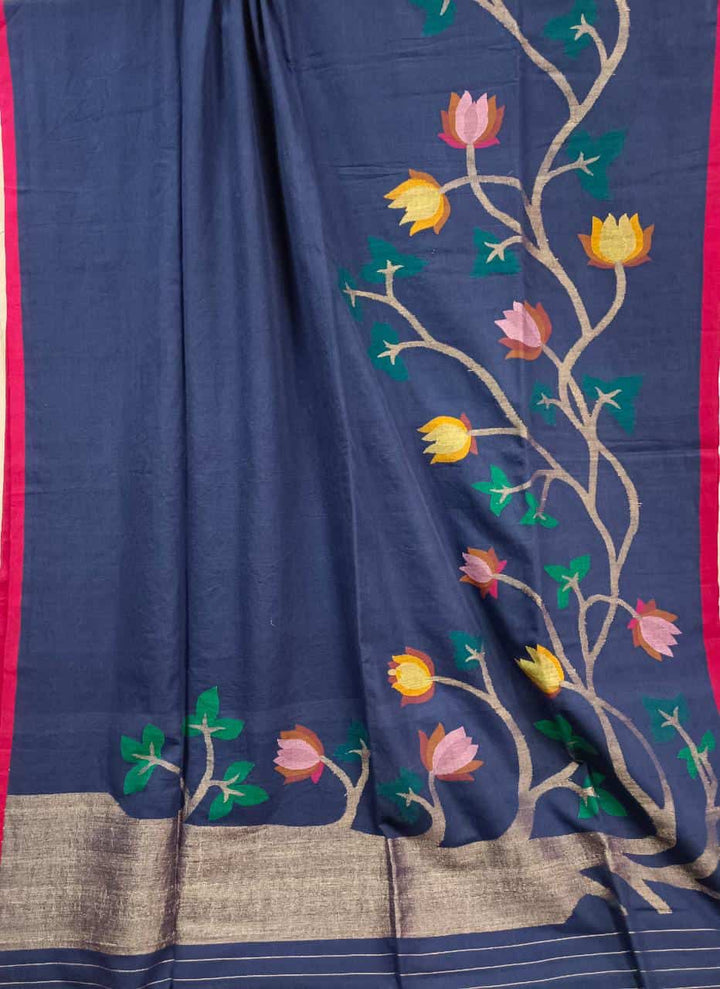 Navy Blue & Red Soft Cotton Handspun Handwoven Jamdani Saree Balaram Saha