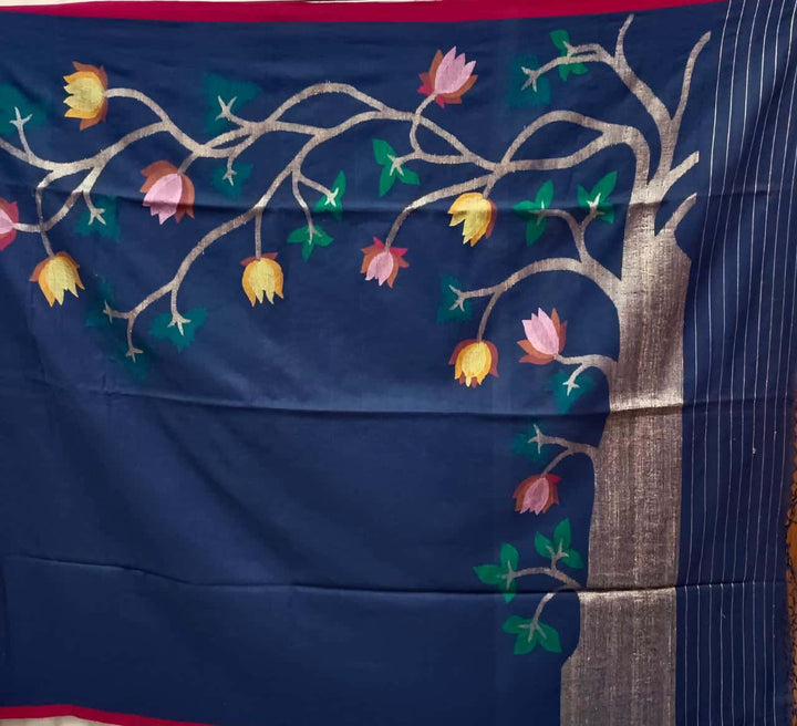 Navy Blue & Red Soft Cotton Handspun Handwoven Jamdani Saree Balaram Saha
