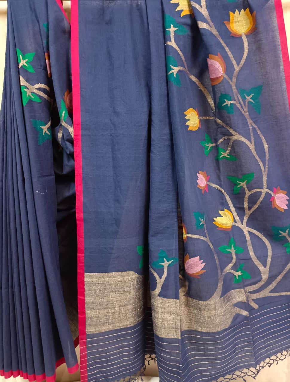 Navy Blue & Red Soft Cotton Handspun Handwoven Jamdani Saree Balaram Saha