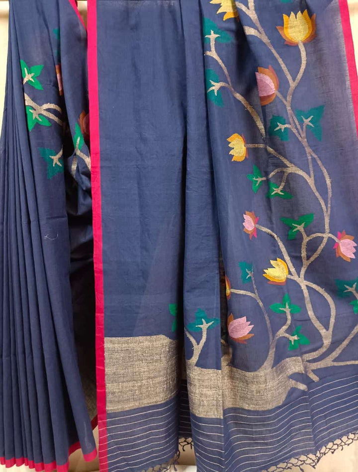 Navy Blue & Red Soft Cotton Handspun Handwoven Jamdani Saree Balaram Saha