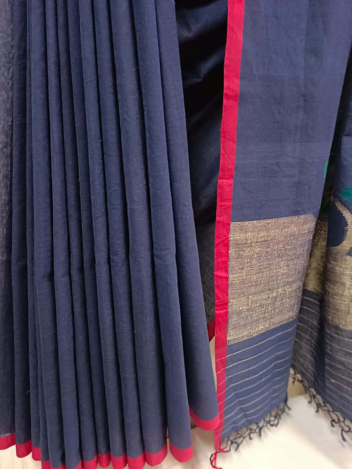 Navy Blue & Red Soft Cotton Handspun Handwoven Jamdani Saree Balaram Saha