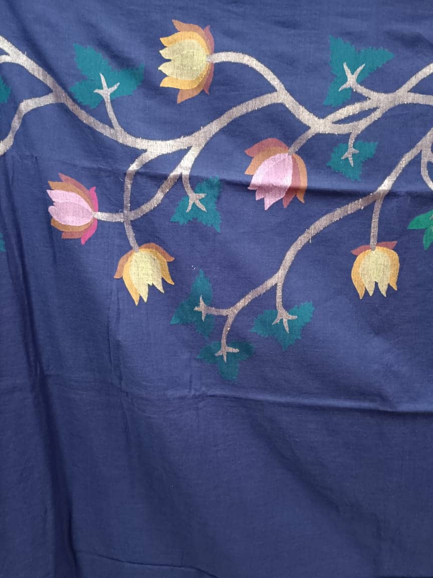 Navy Blue & Red Soft Cotton Handspun Handwoven Jamdani Saree Balaram Saha