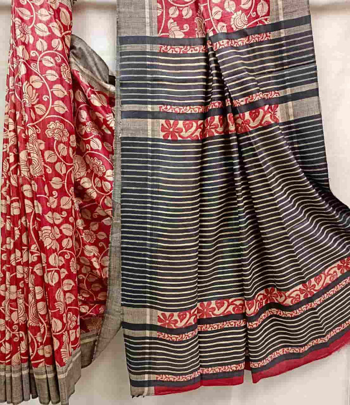 Wine Red Tussar Silk Peacock & Leaves Print Saree Balaram Saha