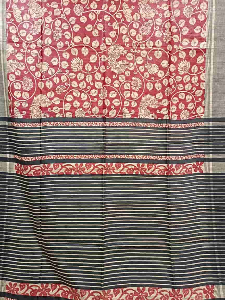 Wine Red Tussar Silk Peacock & Leaves Print Saree Balaram Saha