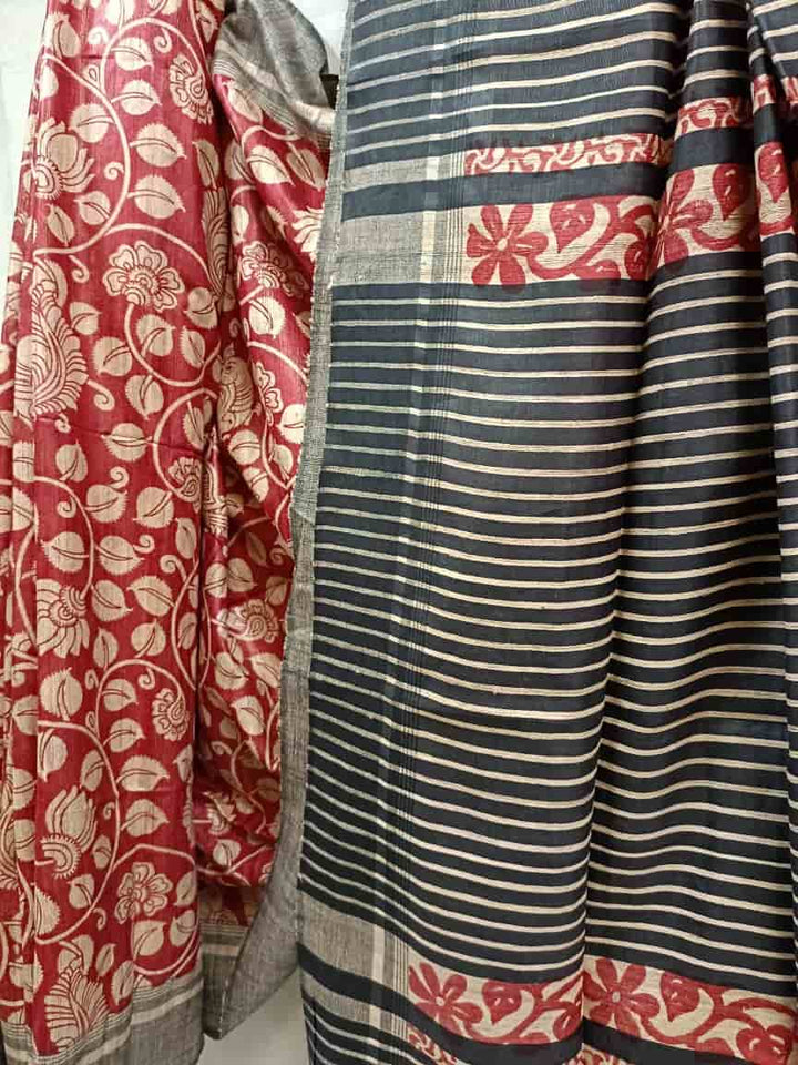 Wine Red Tussar Silk Peacock & Leaves Print Saree Balaram Saha