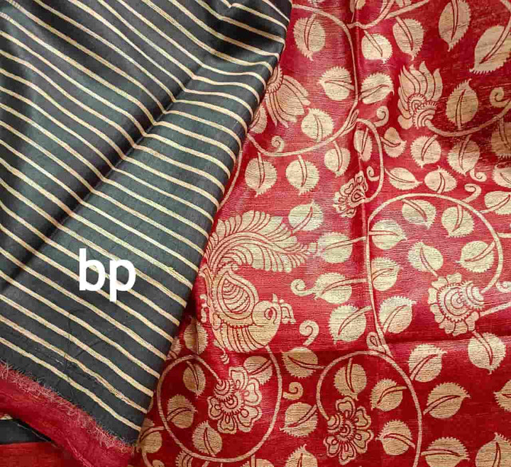 Wine Red Tussar Silk Peacock & Leaves Print Saree Balaram Saha