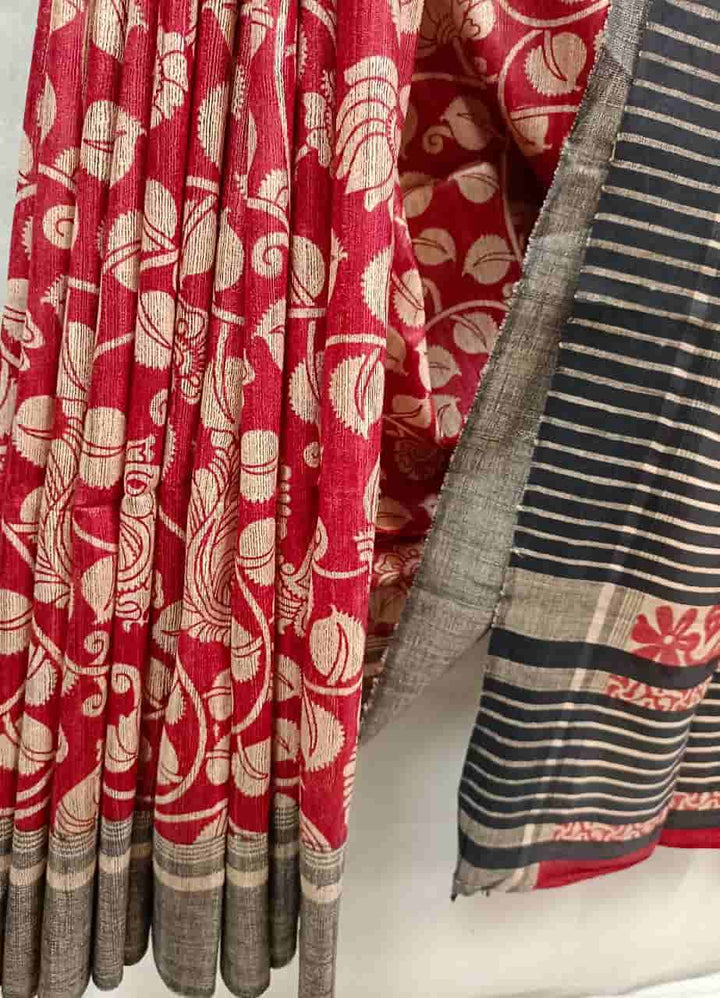 Wine Red Tussar Silk Peacock & Leaves Print Saree Balaram Saha