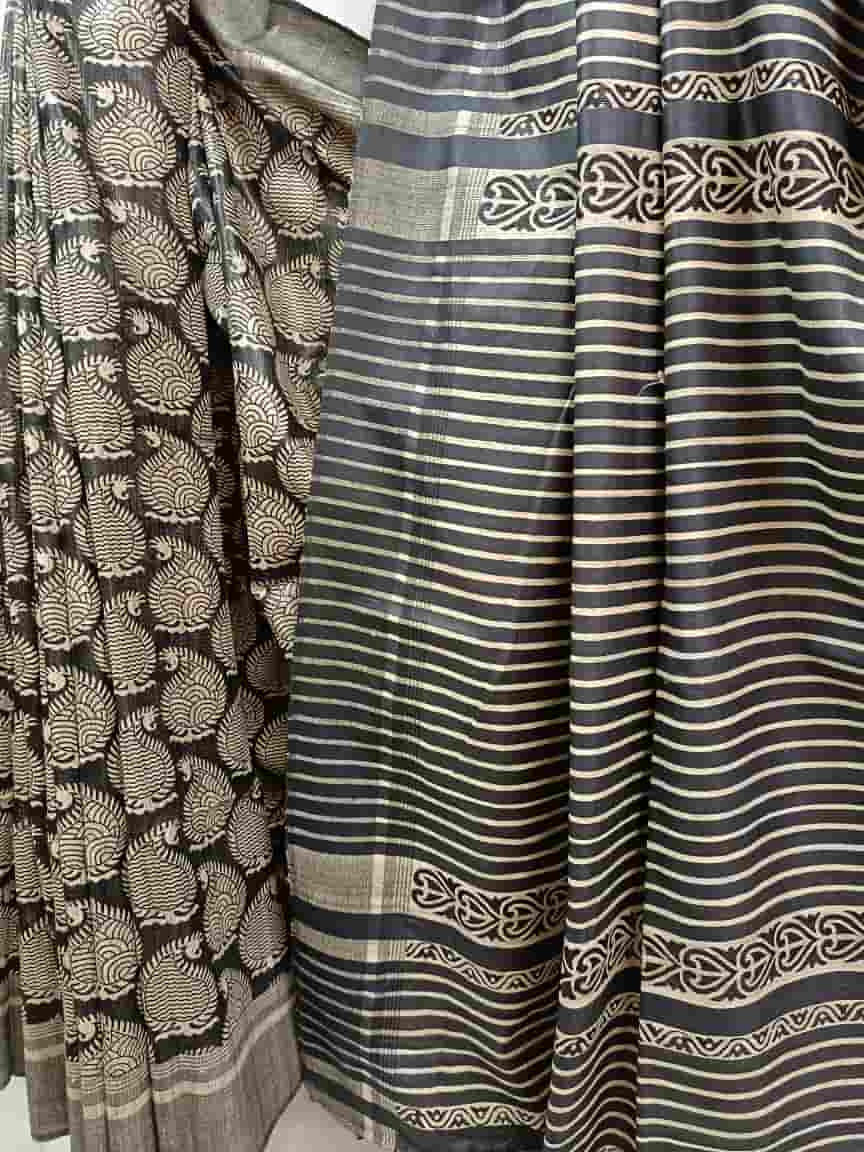 Black & White Tussar Silk Pailsey Print Saree Balaram Saha