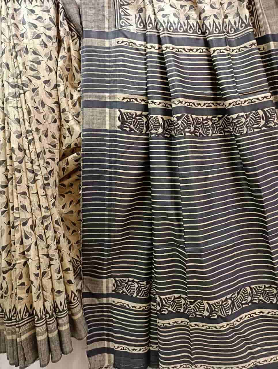 Beige & Black Tussar Silk All Over Leaves Print Saree Balaram Saha