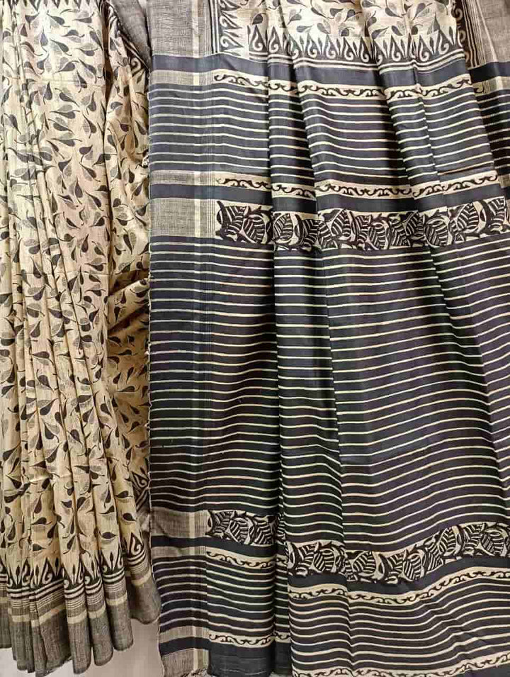 Beige & Black Tussar Silk All Over Leaves Print Saree Balaram Saha