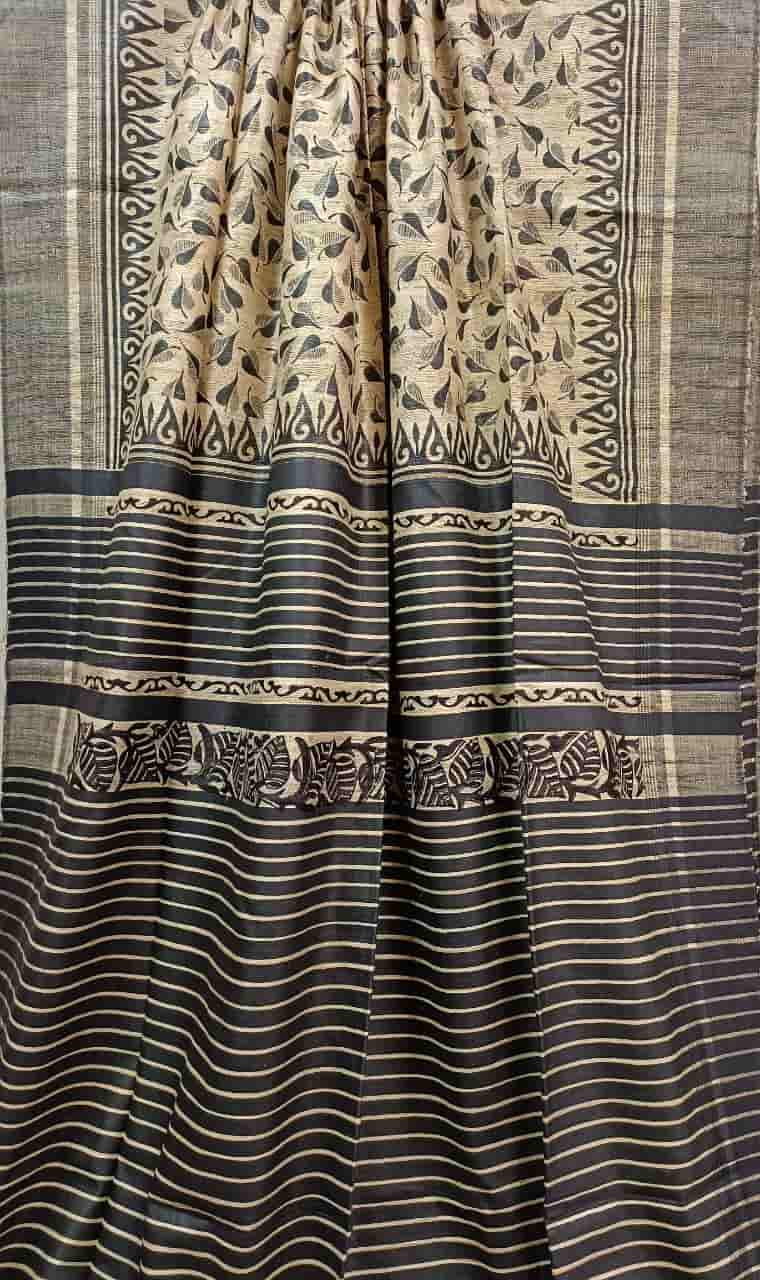Beige & Black Tussar Silk All Over Leaves Print Saree Balaram Saha