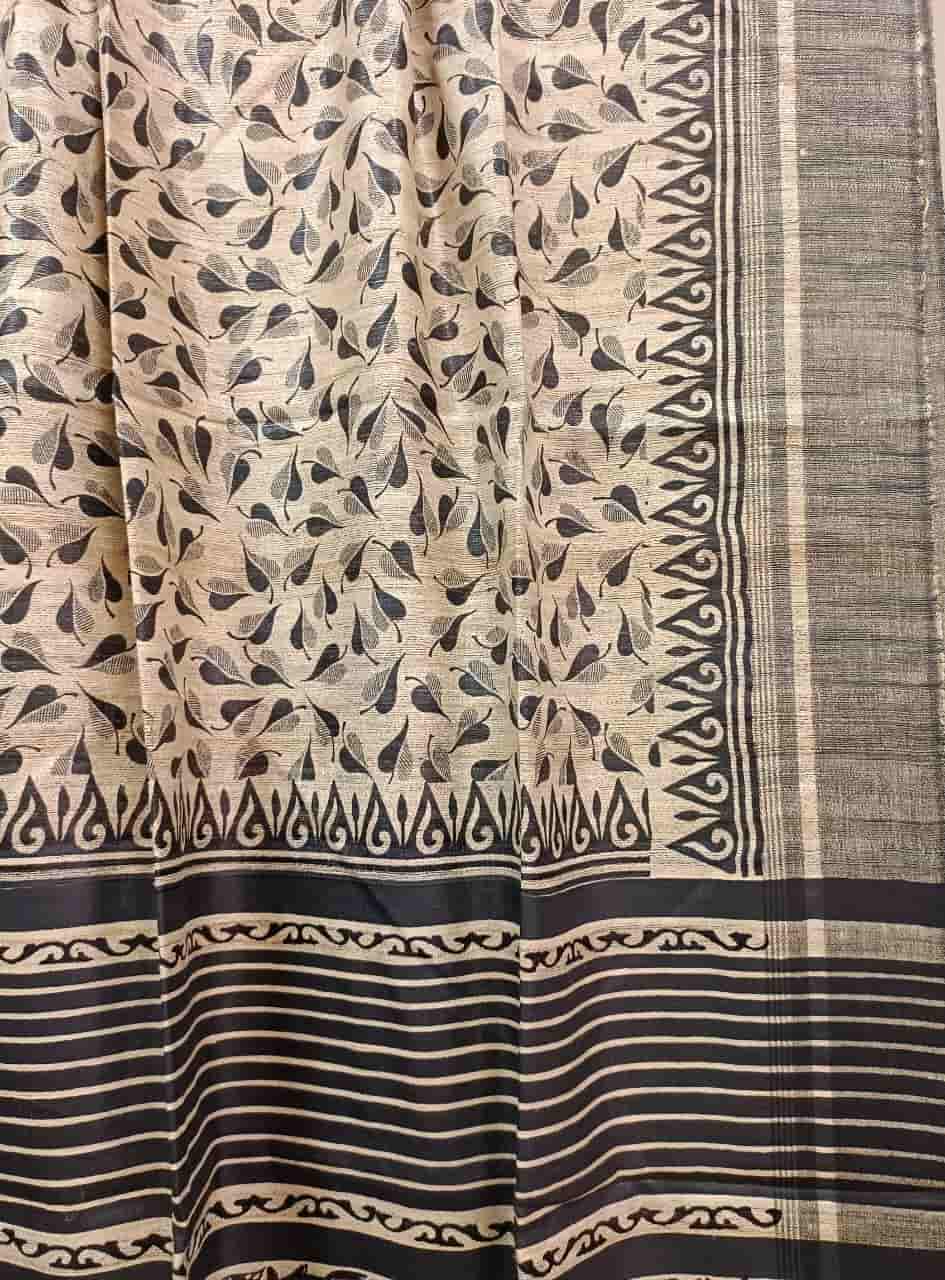 Beige & Black Tussar Silk All Over Leaves Print Saree Balaram Saha