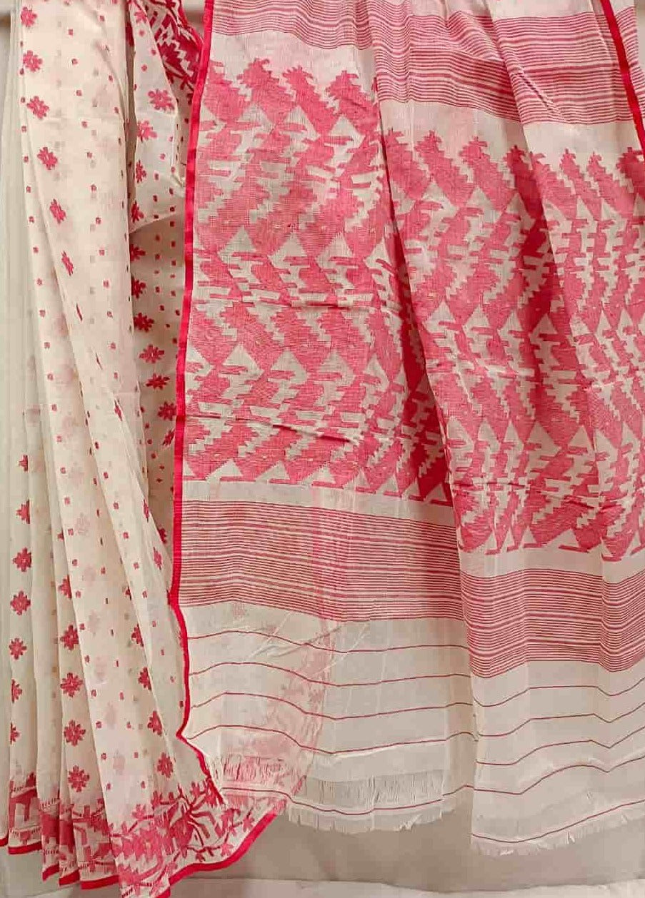 White & Red Cotton Bangladeshi Dhakai Jamdani Saree Balaram Saha