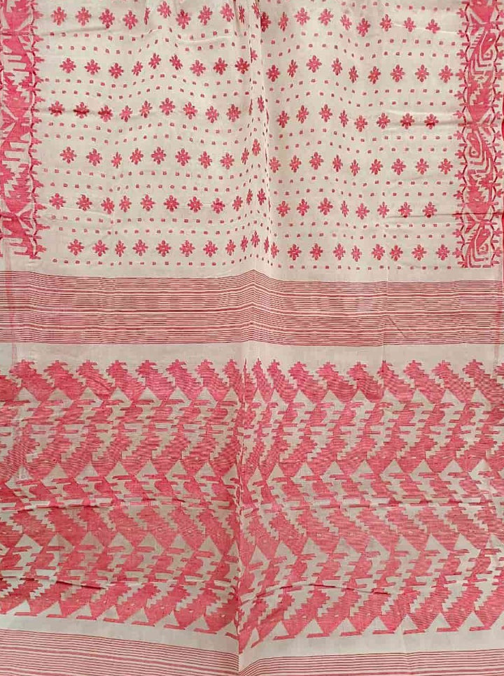 White & Red Cotton Bangladeshi Dhakai Jamdani Saree Balaram Saha