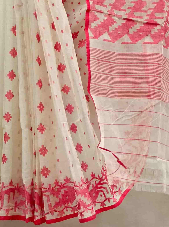 White & Red Cotton Bangladeshi Dhakai Jamdani Saree Balaram Saha