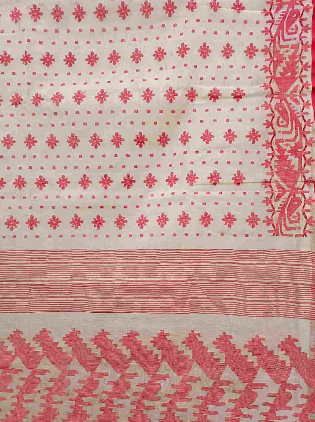 White & Red Cotton Bangladeshi Dhakai Jamdani Saree Balaram Saha