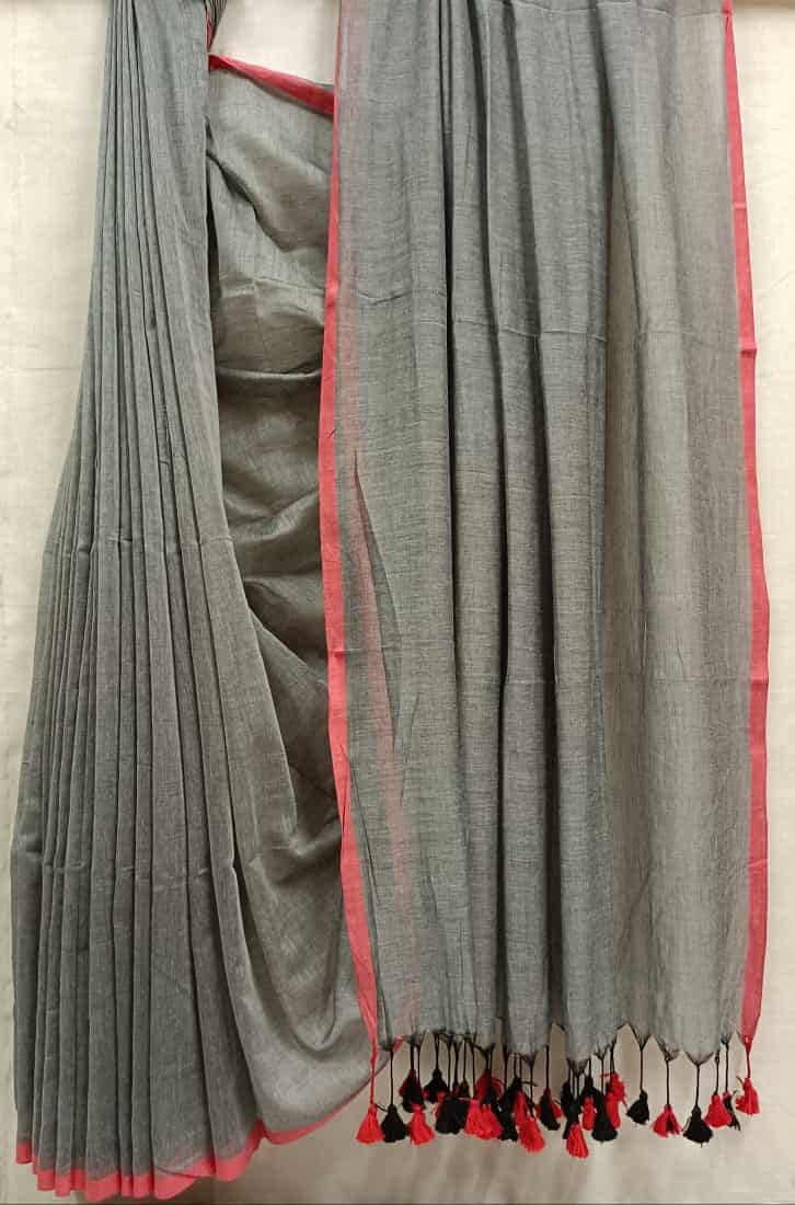 Gray & Red Handloom Soft Cotton Saree Balaram Saha