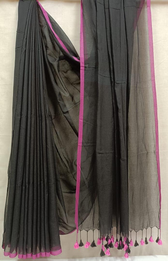 Black & Pink Handloom Soft Cotton Saree Balaram Saha