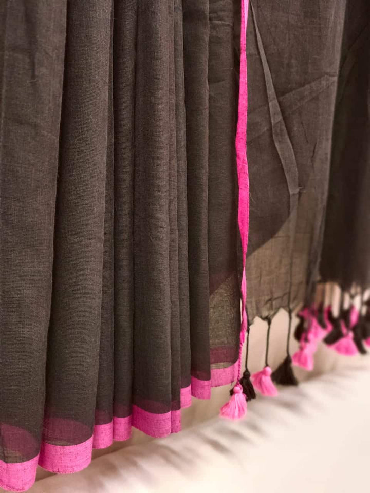 Black & Pink Handloom Soft Cotton Saree Balaram Saha