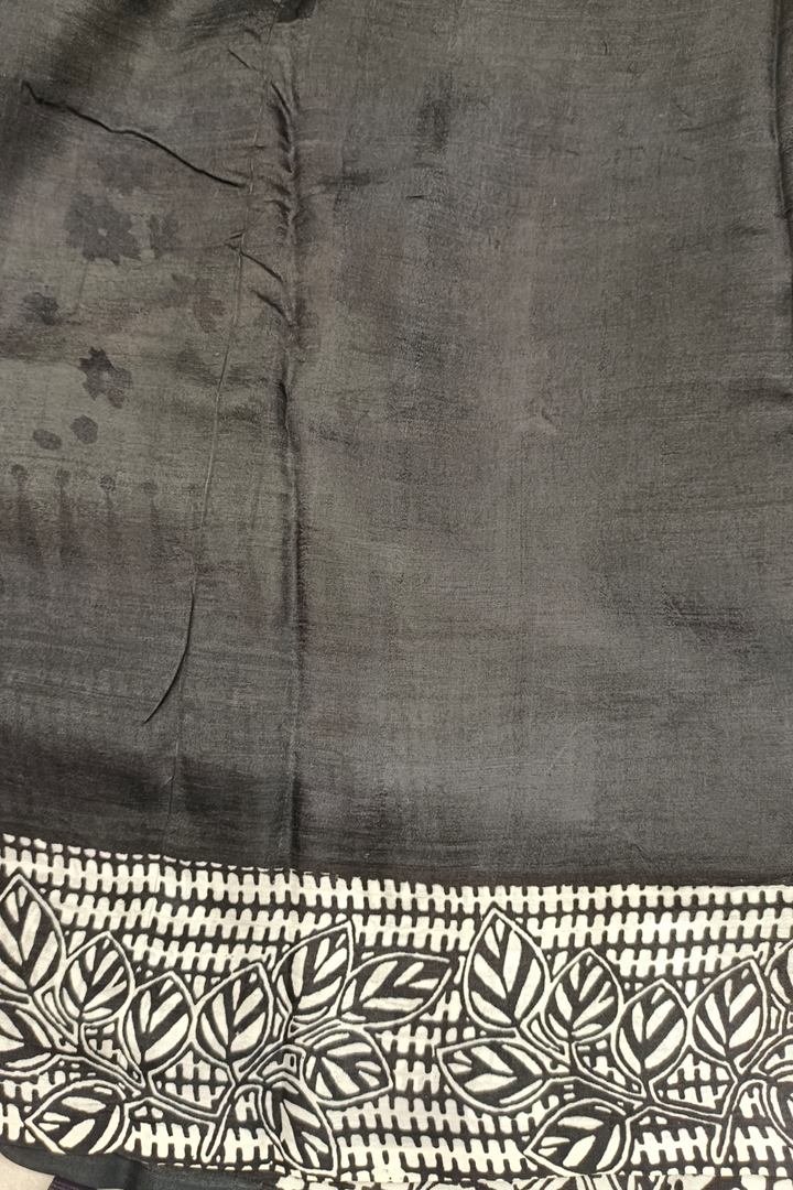 White & Black  Pure Bengal Silk With Handblock Print Saree Balaram Saha