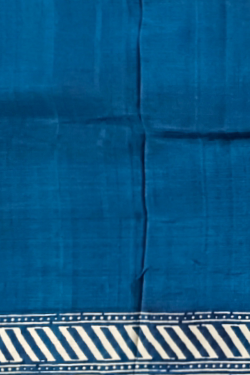Blue & White Pure Bengal Silk With Handblock Print Saree Balaram Saha
