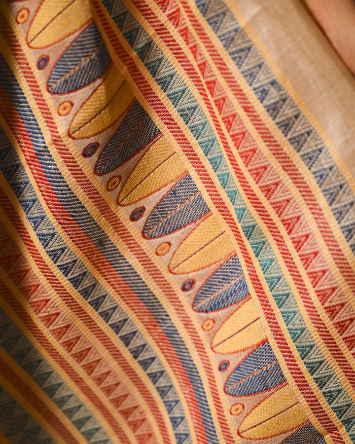 Elegant Tussar Silk Saree with Multicolor Geometric Aanchal & Red Temple Border Balaram Saha