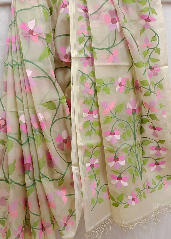 Beige & Multi Colour, Pure Muslin Silk Handwoven Jamdani saree with flowers woven all over body, border & Aanchal. Blouse Piece with woven stripes included.
