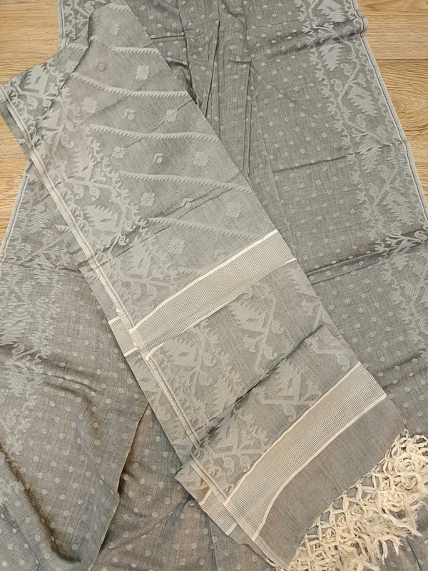 Soft Cotton 2 piece Dhakai set in grey & white. Set includes Kurta fabric and Dupatta