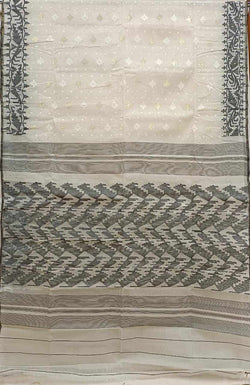 Off-white, Bangladeshi handwoven cotton jamdani saree with all-over white woven booties on body and Black Traditional Jamdani woven border and Aanchal.