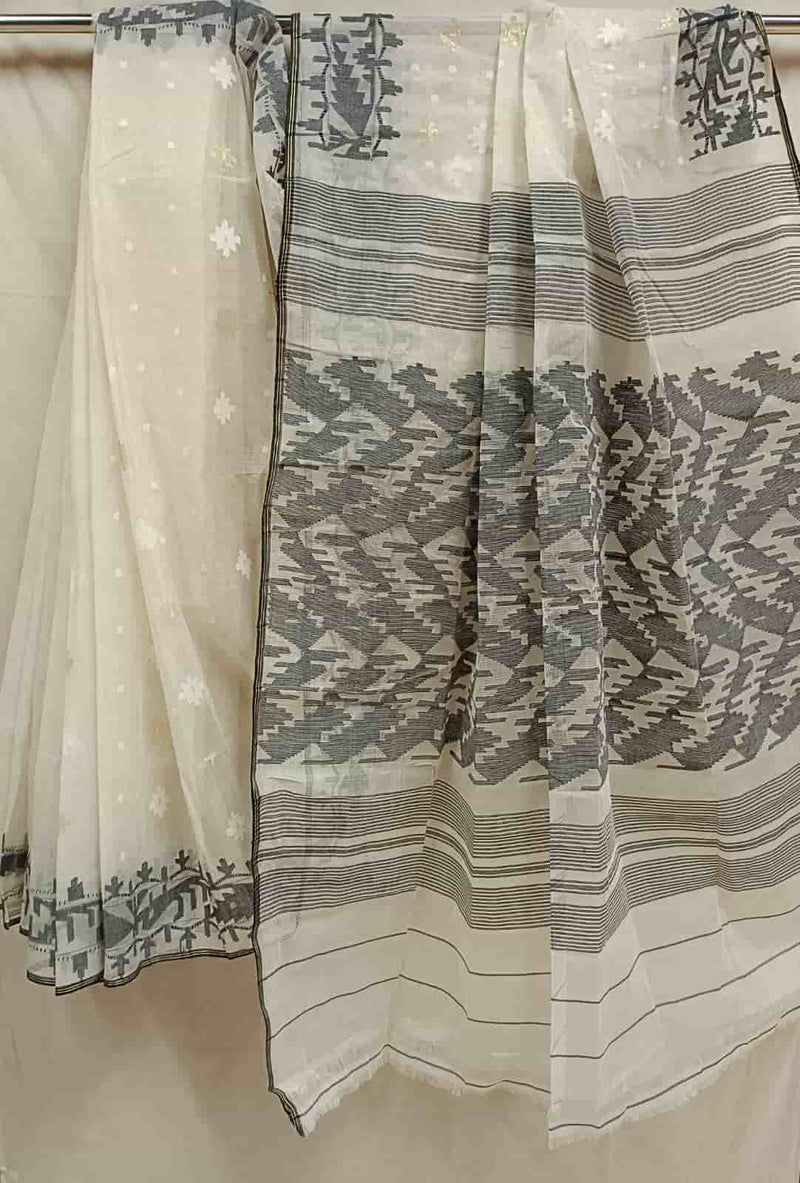 Off-white, Bangladeshi handwoven cotton jamdani saree with all-over white woven booties on body and Black Traditional Jamdani woven border and Aanchal.