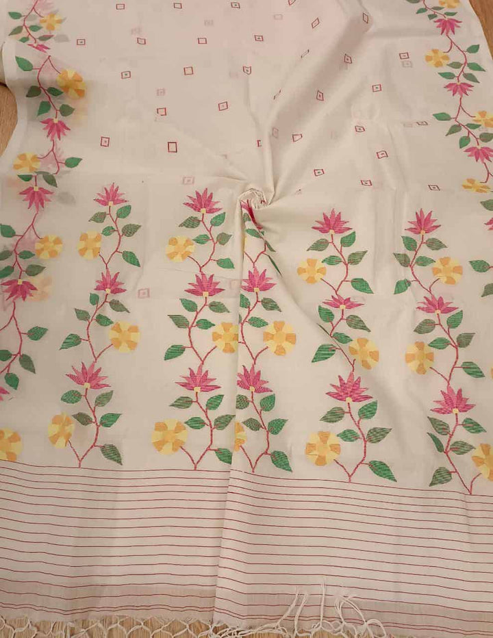 Pure Cotton handwoven jamdani saree in White & Multi Colour with a beautiful delicate & intricate floral weave on border & Aanchal. Geometric motifs woven all over the body. Blouse piece included.