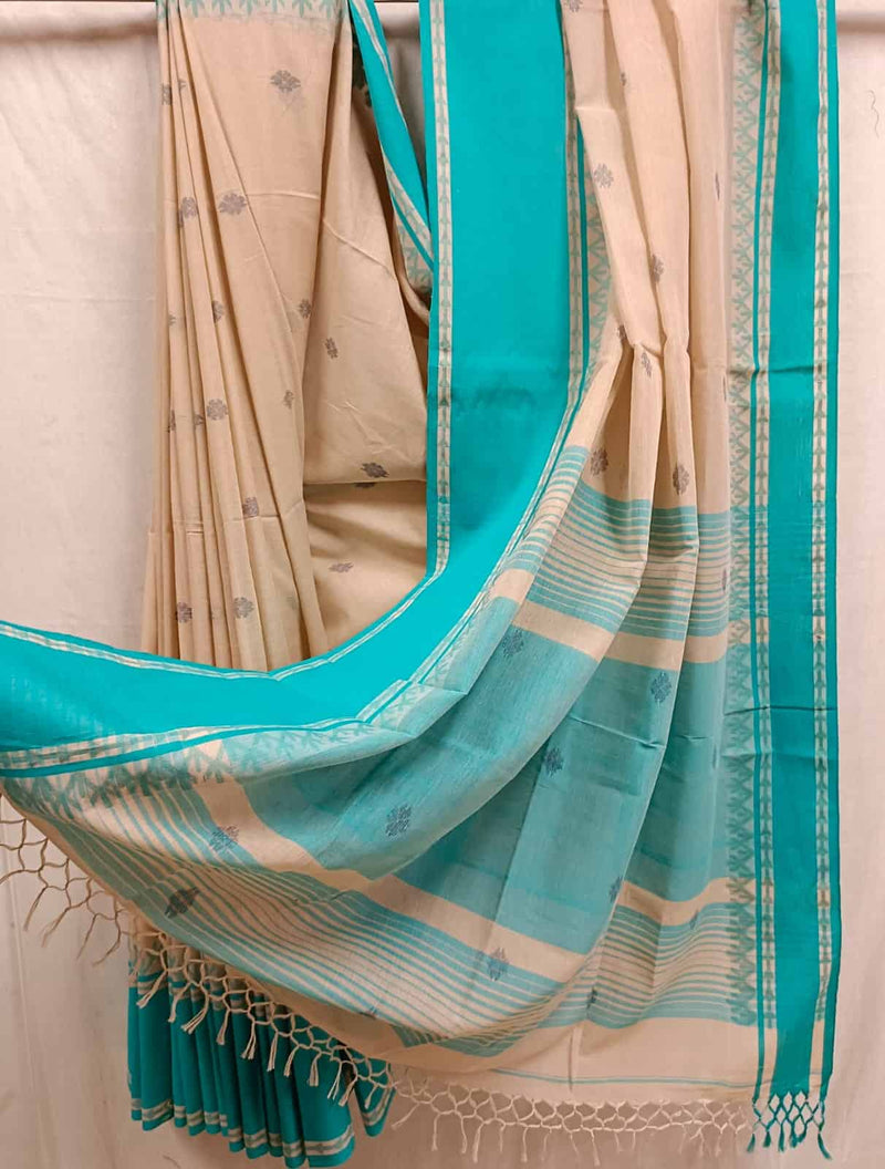 Beige & Green Border Soft Handloom Cotton Saree, with all over Grey Booties on body and Sea-Green contrast border, Blouse piece included